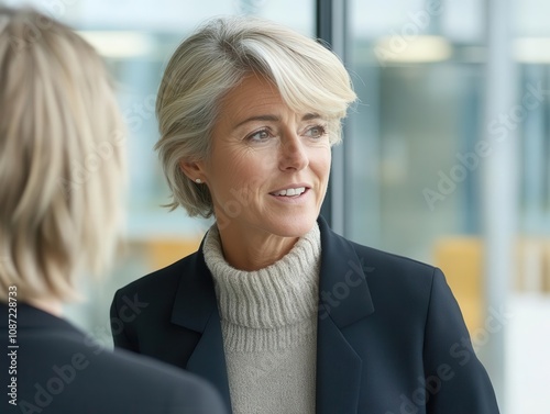 mature businesswoman engaging in an insightful discussion with a colleague, radiating professionalism and ambition in a sleek corporate environment photo