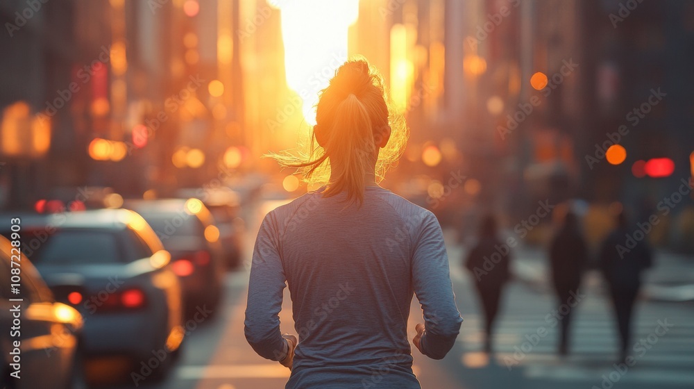 Morning jogger navigating a bustling urban landscape, vibrant city life awakening, energy of dawn, dynamic movement and city rhythm Morning jogger navigating a bustling urban landscape, vibrant city life awakening, energy of dawn, dynamic movement and city rhythm