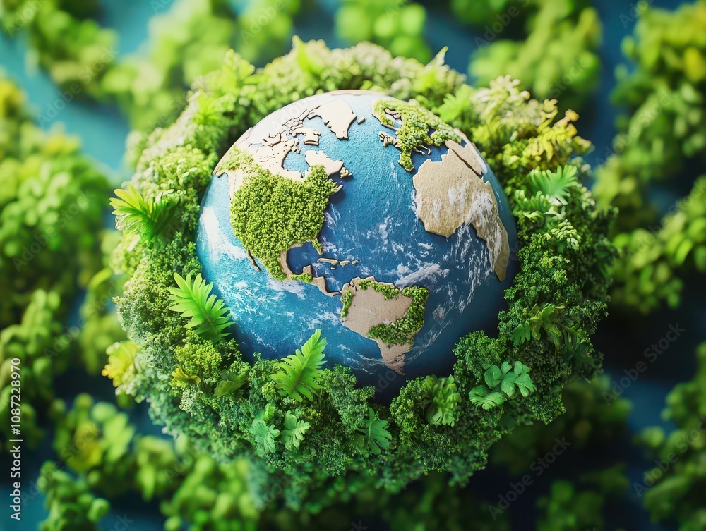 miniature planet earth surrounded by lush greenery, illustrating ecological harmony, with vivid blue oceans and flourishing ecosystems, conveying a sense of hope and sustainability miniature planet earth surrounded by lush greenery, illustrating ecological harmony, with vivid blue oceans and flourishing ecosystems, conveying a sense of hope and sustainability