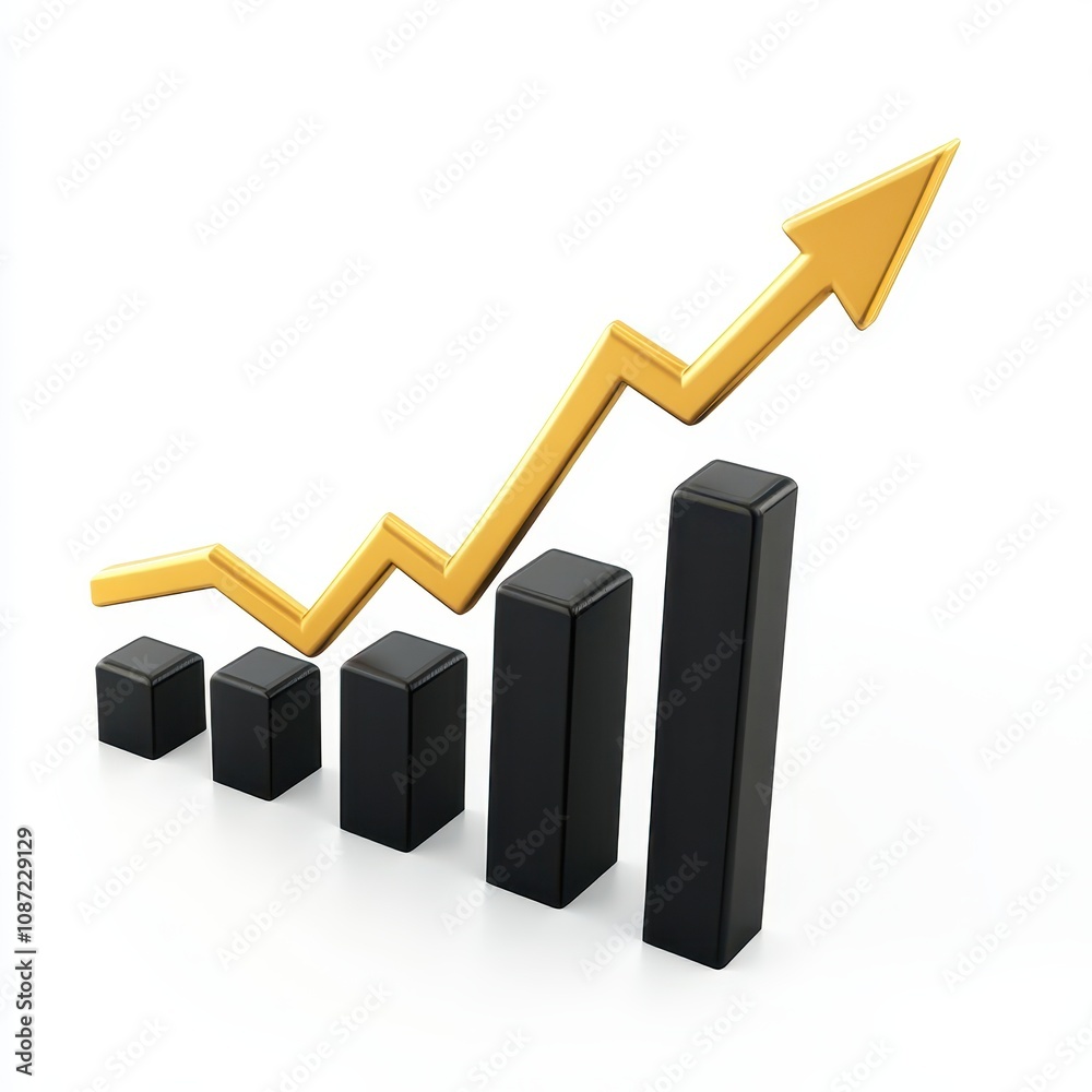 A 3D chart with an upward arrow showing projected business growth, photorealistic style, isolated on white background A 3D chart with an upward arrow showing projected business growth, photorealistic style, isolated on white background