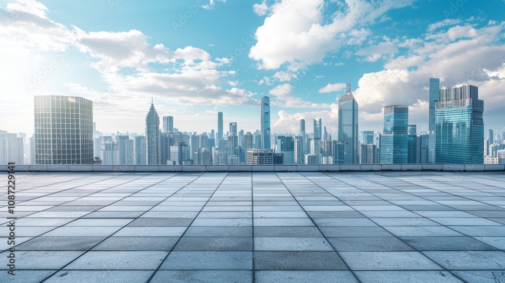 Empty square floor with city skyline background, Modern cityscape with skyscrapers view, dramatic perspective Empty square floor with city skyline background, Modern cityscape with skyscrapers view, dramatic perspective