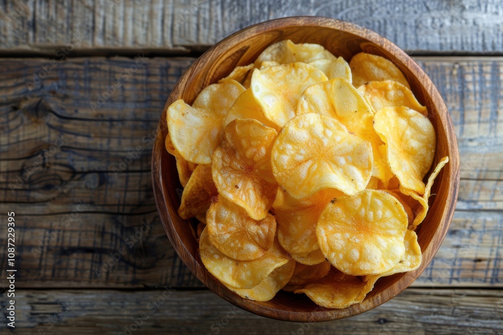 Crispy Potato Chips Fill Wooden Bowl Deliciously on Rustic Table Crispy Potato Chips Fill Wooden Bowl Deliciously on Rustic Table