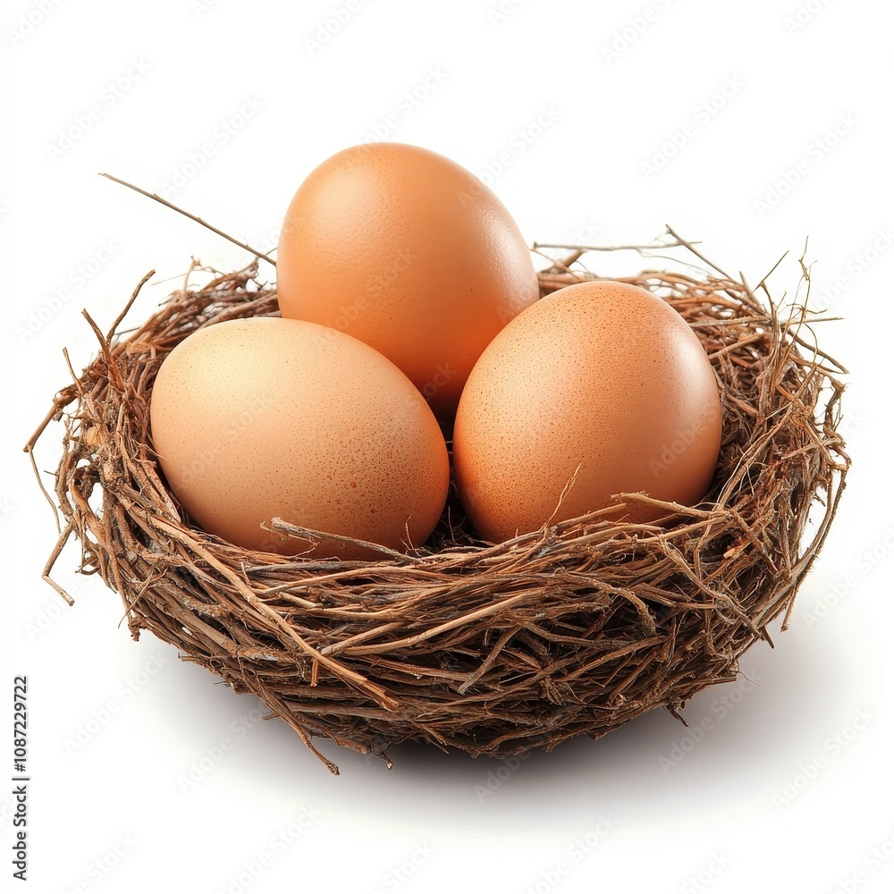 A nest with three freshly laid chicken eggs, rustic natural style, isolated on white background A nest with three freshly laid chicken eggs, rustic natural style, isolated on white background