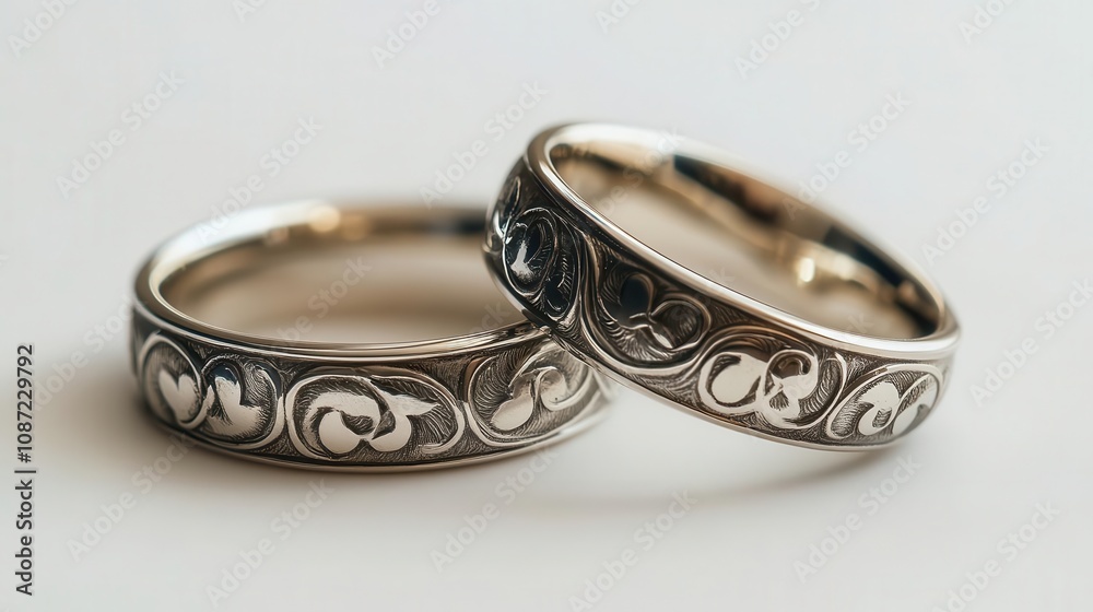a pair of wedding rings engraved with initials, symbolic love, isolated on white background a pair of wedding rings engraved with initials, symbolic love, isolated on white background