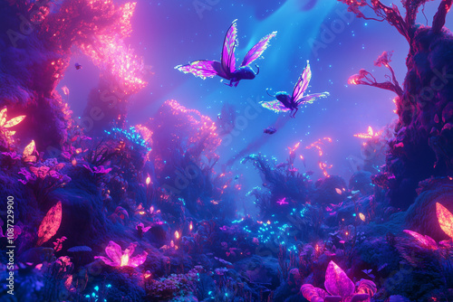 A magical world comes alive with colorful, luminescent flora and enchanting flying creatures soaring through the air, inspiring awe and happiness. Generative AI