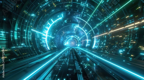 Futuristic tunnel with glowing lights and cosmic background, suggesting advanced technology.