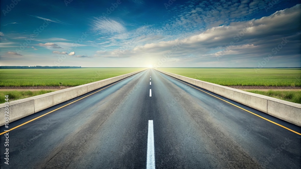 Fototapeta premium Asphalt road stretching towards a bright horizon, flanked by concrete barriers and lush green fields under a partly cloudy sky.