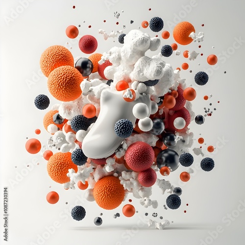 An abstract and visually striking 3D rendered collage that creatively incorporates elements related to insulin production  such as pancreatic cells  glucose molecules  and insulin receptors photo