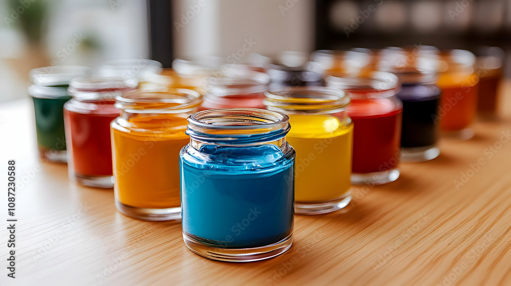 Colorful Glass Jars of Paint on Wooden Table - Illustration Colorful Glass Jars of Paint on Wooden Table - Illustration