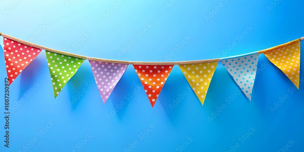 Fototapeta premium A vibrant string of colorful polka dot pennants against a bright blue background, perfect for celebratory occasions