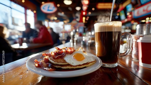 A vibrant breakfast scene featuring pancakes, bacon, a fried egg, and a dark beverage in a lively restaurant setting.