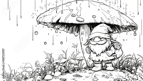 Gnome Standing Under Mushroom Hiding from Rain Coloring Page for Kids Adorable Illustration Cozy Mushroom Scene Fun Drawing for Children Rainy Day Art Page