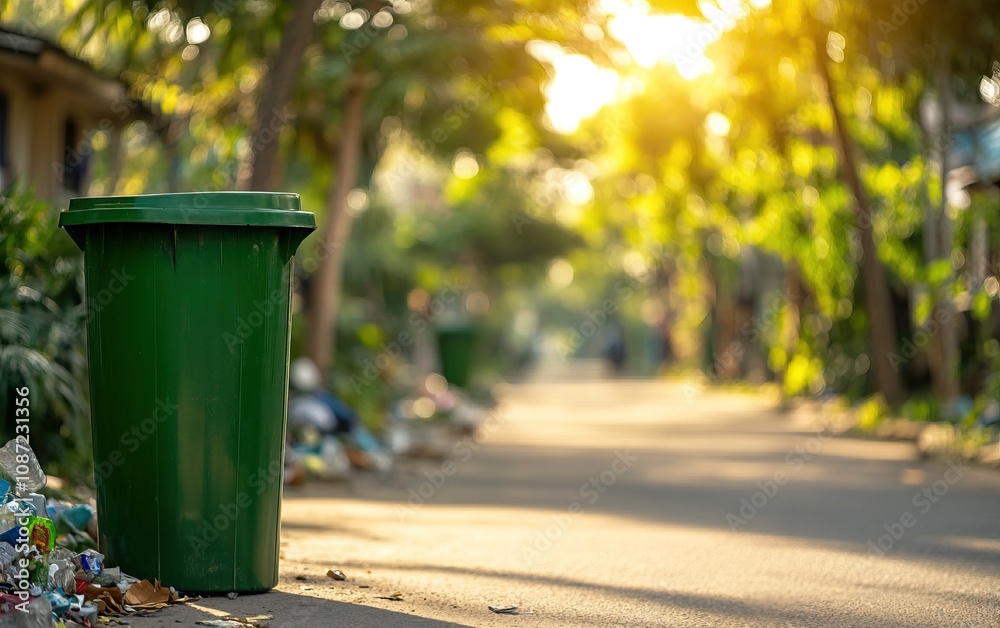 A green trash bin stands beside a sunlit pathway, surrounded by lush greenery and scattered litter, highlighting urban waste management. A green trash bin stands beside a sunlit pathway, surrounded by lush greenery and scattered litter, highlighting urban waste management.