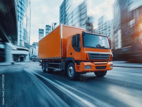 modern delivery truck in a dynamic urban setting, showcasing efficiency and cargo capacity, with bright colors and motion blur to emphasize on-time deliveries in logistics