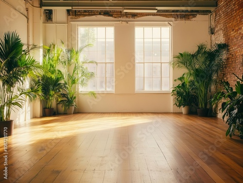 modern contemporary loft featuring a spacious empty room adorned with lush plants on a warm wooden floor, evoking a sense of serenity and stylish minimalism