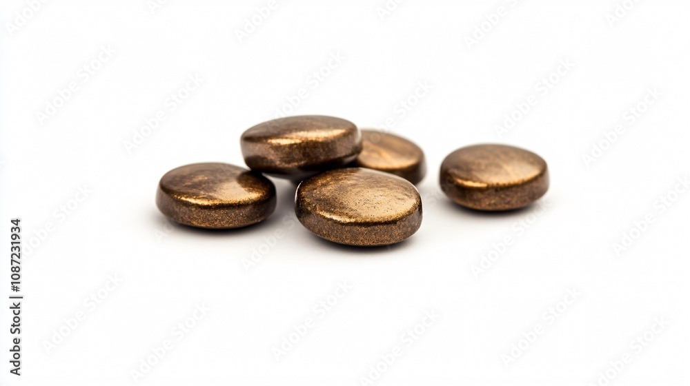 Close-Up of Bronze-Colored Pills on White Background: A Study in Texture and Form. Ideal for pharmaceutical, healthcare, and medical projects. Close-Up of Bronze-Colored Pills on White Background: A Study in Texture and Form. Ideal for pharmaceutical, healthcare, and medical projects.