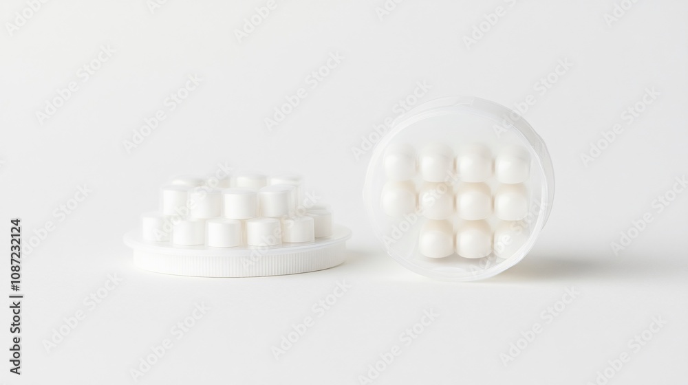 White pills or tablets arranged in round plastic containers on a white background. Minimalist product photography with a focus on wellness, healthcare, and modern lifestyle. White pills or tablets arranged in round plastic containers on a white background. Minimalist product photography with a focus on wellness, healthcare, and modern lifestyle.