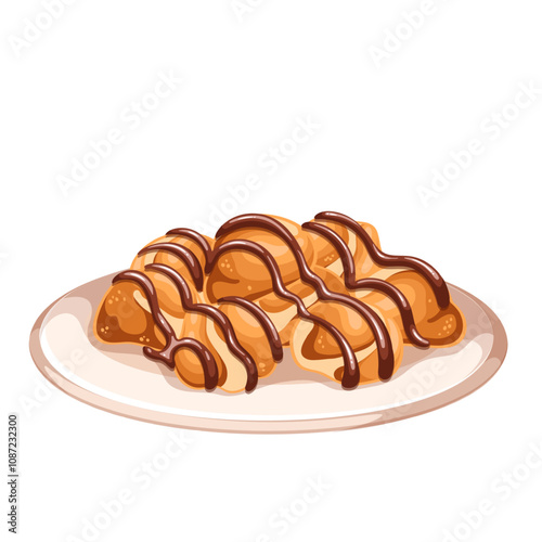 Profiteroles, French cartoon choux pastry balls with cream. Plate of filled cakes with sprinkles of chocolate. Cuisine of France, dessert mascot, cartoon stuffed profiteroles vector illustration