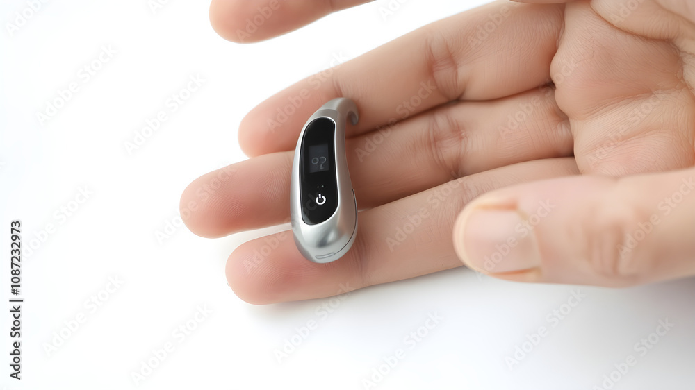 Mini Digital Hearing Aid A small silver hearing aid placed in the user's hand. It has volume control buttons and a digital display. Mini Digital Hearing Aid A small silver hearing aid placed in the user's hand. It has volume control buttons and a digital display.
