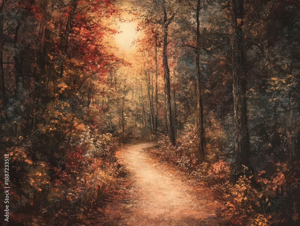 Obraz premium moonlit path winding through vibrant autumn foliage, warm hues of orange and red reflected in a tranquil forest, soft ethereal glow illuminating the scene, inviting exploration