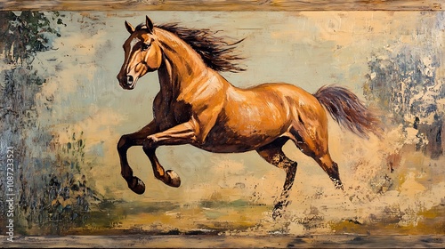 A chestnut horse dynamically leaps across a rustic landscape, captured in a textured oil painting. photo