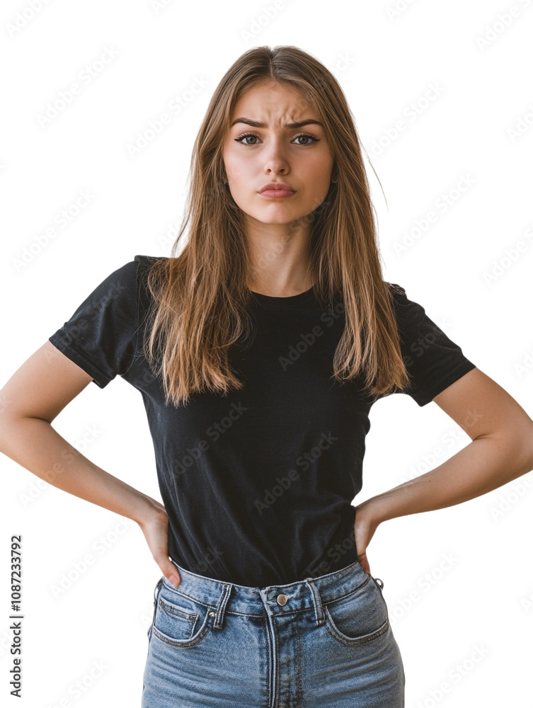 Obraz premium Confused Woman against transparent background for Problem-Solving Context