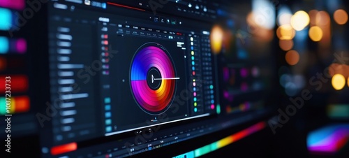 Color Grading Software Interface: A vibrant digital workspace showcasing advanced color correction tools and a precise color wheel.