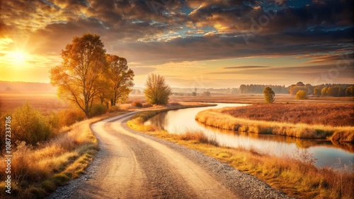 Serene Autumn Landscape Winding Country Road, Golden Trees, and Calm River at Sunrise