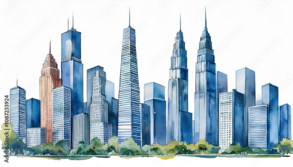 Fototapeta premium Watercolor painting of skyline with towering skyscrapers. Modern architecture, buildings.