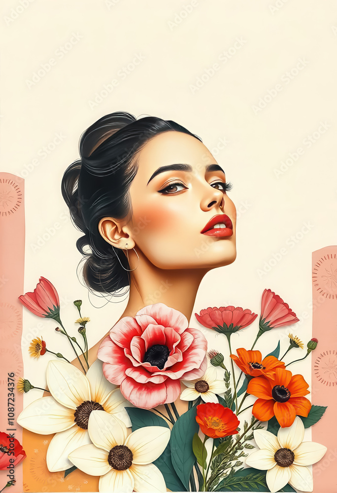 Fototapeta premium Portrait of a woman with flowers outdoor garden digital art vibrant colors close-up beauty and nature concept