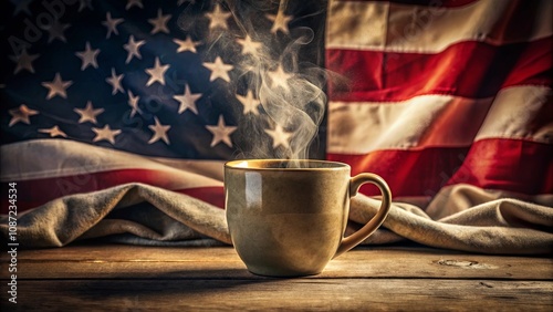 A steaming mug of coffee rests on a rustic wooden surface, draped with a national flag, symbolizing warmth, comfort, and patriotism.