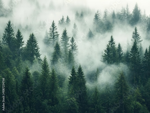 mysterious forest shrouded in thick fog, trees looming in ethereal beauty, creating an atmosphere of intrigue and tranquility as nature envelops the scene