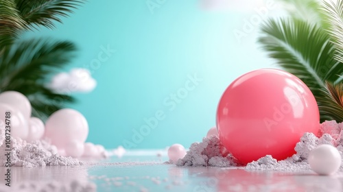 Bright pink balloon stands out in a scenic tropical seascape with palm leaves and blue skies, offering a sense of joy and relaxation in a vibrant beach setting.