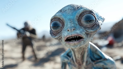 A close-up of a small bewildered alien with large eyes, prying the viewer into a world of originality and wonder, set in a barren desert environment. photo