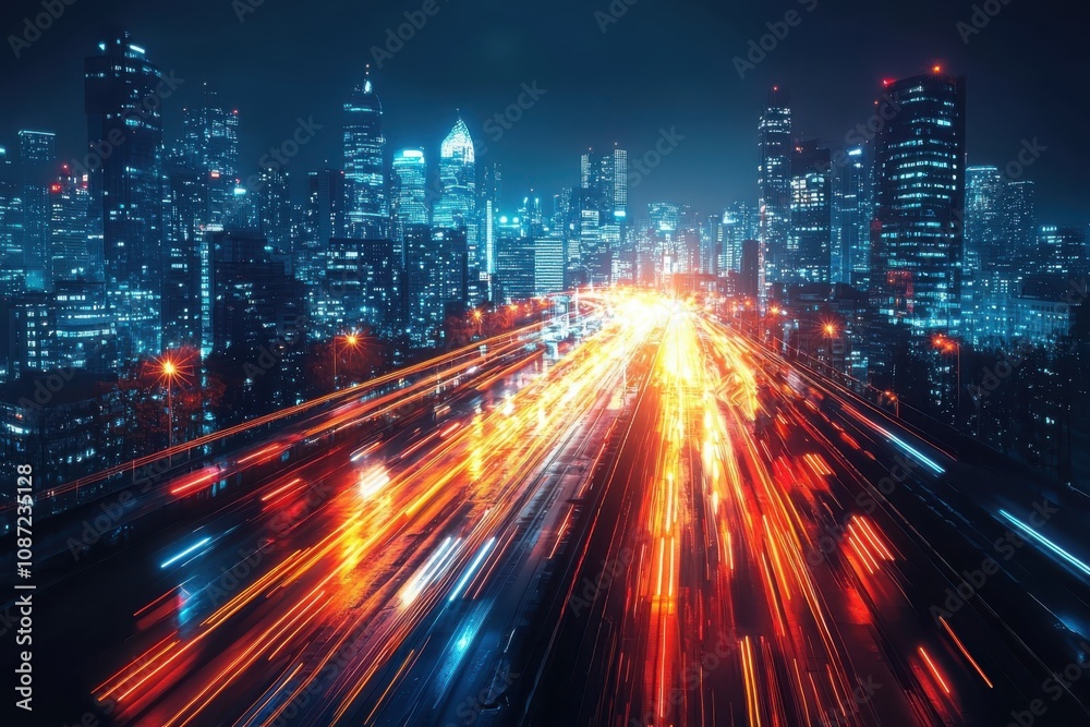 Fototapeta premium Futuristic light acceleration effect cyberpunk cityscape digital art urban environment aerial view technology concept