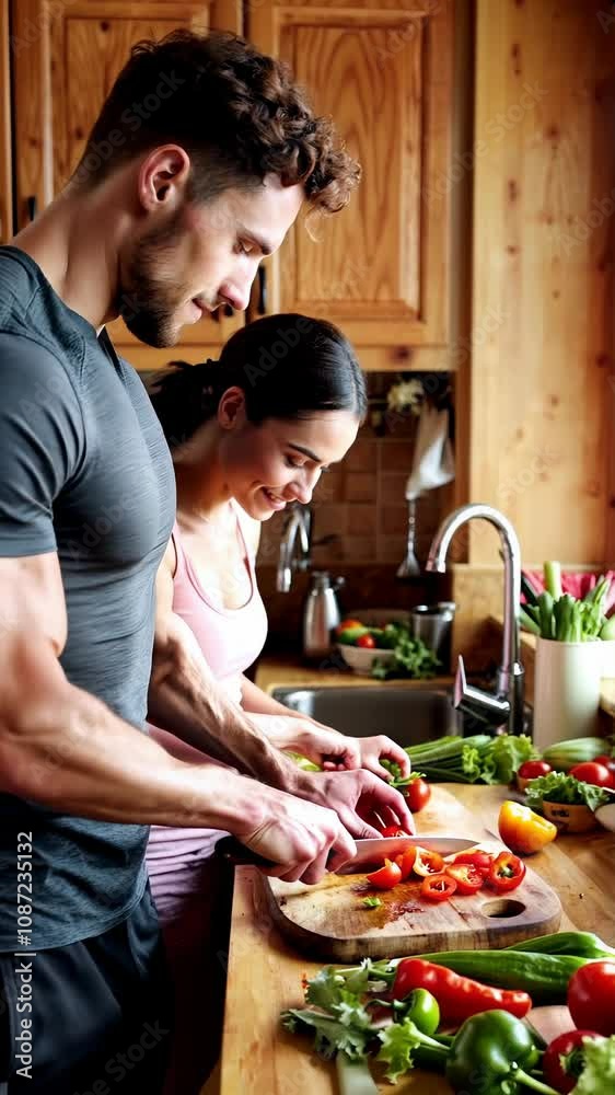 Couple enjoying time cooking in their home kitchen.