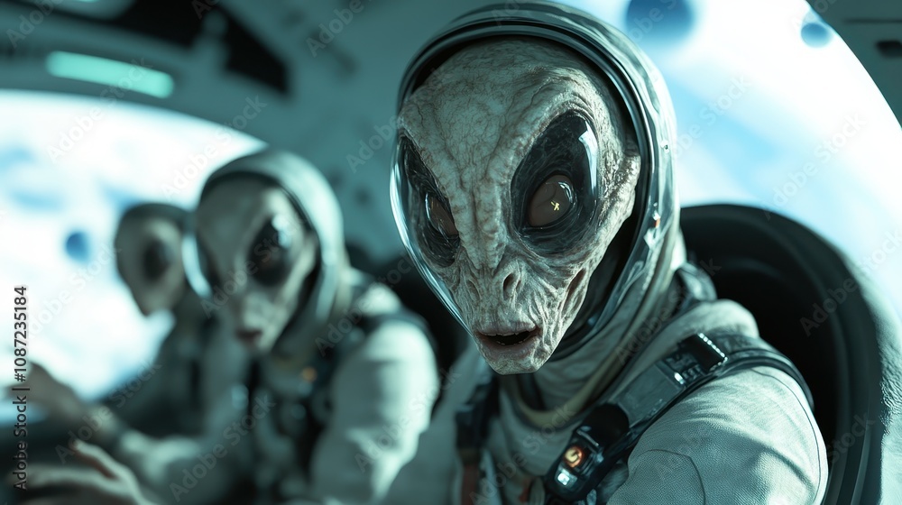 A group of alien beings are seen inside a spaceship, gazing intently through a window at an unknown view, showcasing their stark, otherworldly appearance. A group of alien beings are seen inside a spaceship, gazing intently through a window at an unknown view, showcasing their stark, otherworldly appearance.
