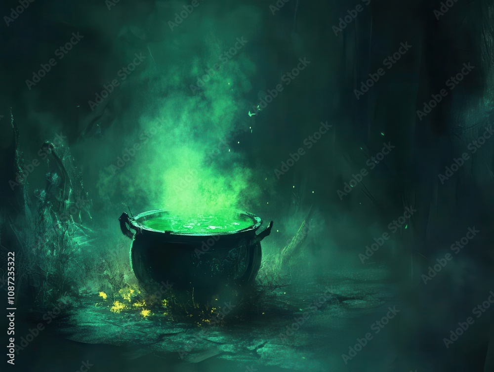 mystical cauldron bubbles with a vivid green potion, emanating an eerie glow amidst a dark, fog-filled environment, evoking a sense of mystery and magic mystical cauldron bubbles with a vivid green potion, emanating an eerie glow amidst a dark, fog-filled environment, evoking a sense of mystery and magic