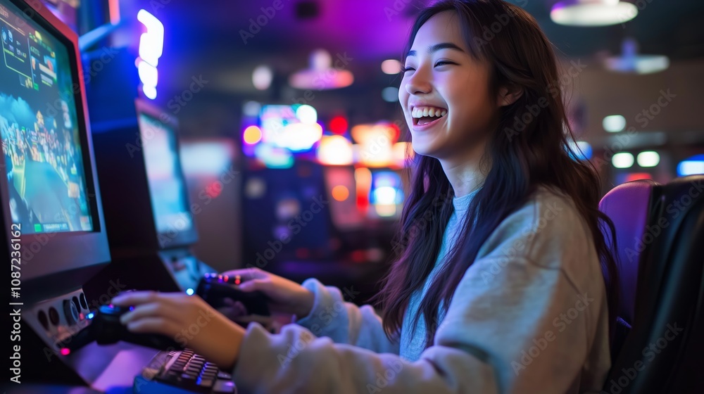 A woman laughs while playing a game at an arcade A woman laughs while playing a game at an arcade
