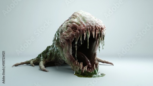 A grotesque monster with a gaping mouth, sharp teeth, and dripping mucus. The creature looks menacing, evoking a sense of horror and fear. photo