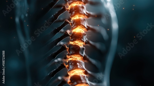 A glowing spinal column with a vibrant blue hue, surrounded by an abstract background, representing strength, vitality, and the core of human movement. photo