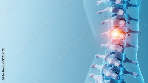 A rendering of a blue-toned spine focusing on a single vertebra, illustrating health concepts and framework within the human body, useful in medical contexts.
