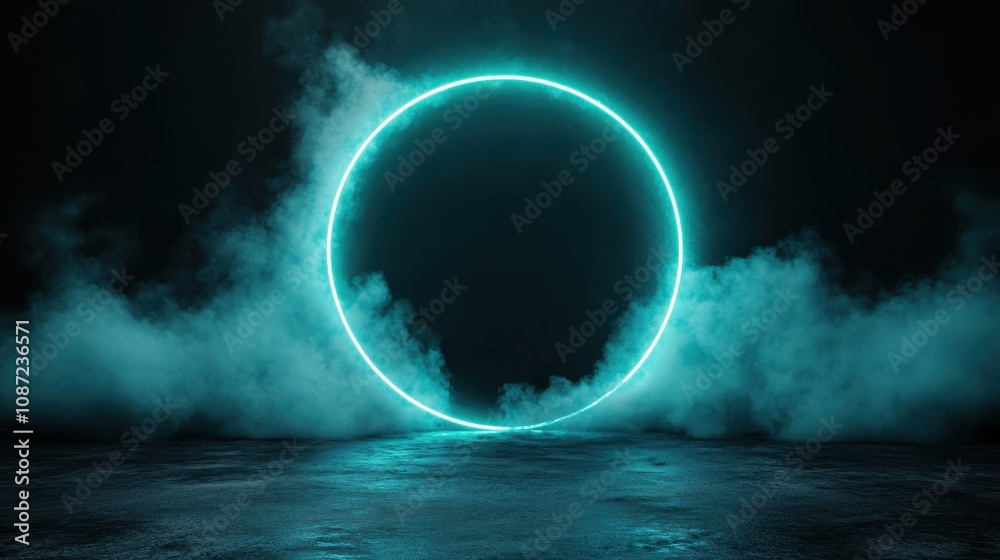 A neon-lit circle sits in a dimly lit environment surrounded by mist, creating a luminous and dreamlike atmosphere with a sense of mystery and serenity. A neon-lit circle sits in a dimly lit environment surrounded by mist, creating a luminous and dreamlike atmosphere with a sense of mystery and serenity.