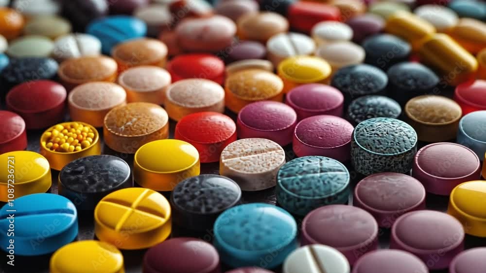Close-up of colorful candy pills arranged in a pattern Close-up of colorful candy pills arranged in a pattern