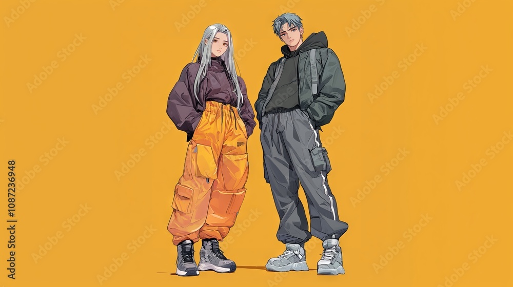 Anime pair in orange and gray outfits Anime pair in orange and gray outfits