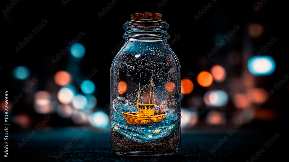 An abstract illustration focusing on a distorted glass bottle filled with an intense turquoise sea, where a tiny yellow fishing boat struggles against exaggerated waves, surreal and mistic An abstract illustration focusing on a distorted glass bottle filled with an intense turquoise sea, where a tiny yellow fishing boat struggles against exaggerated waves, surreal and mistic
