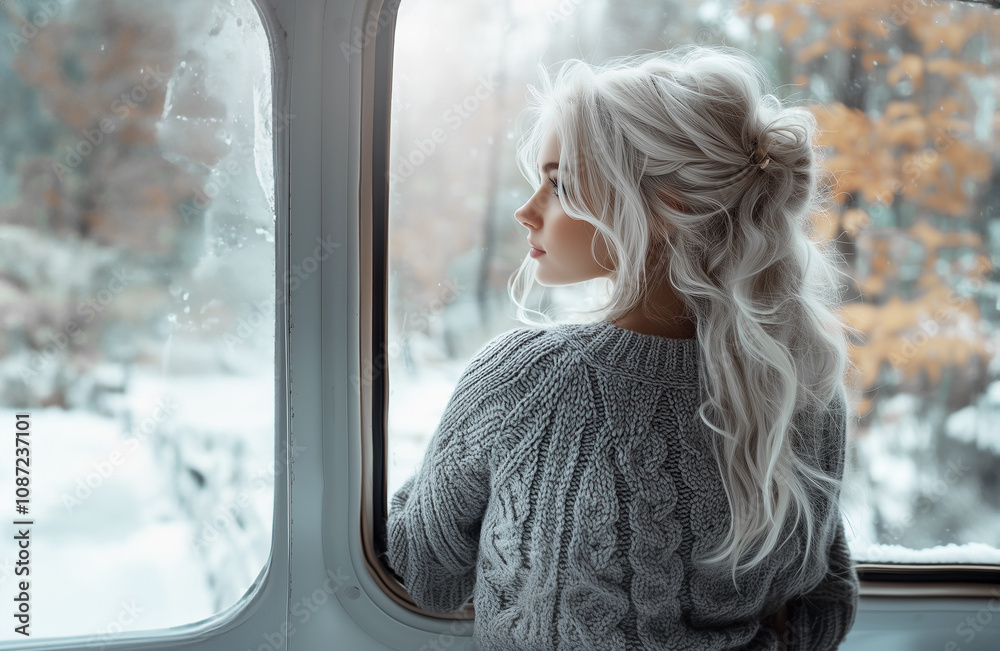 Women in pullover looks out the window onto the snowy street Women in pullover looks out the window onto the snowy street
