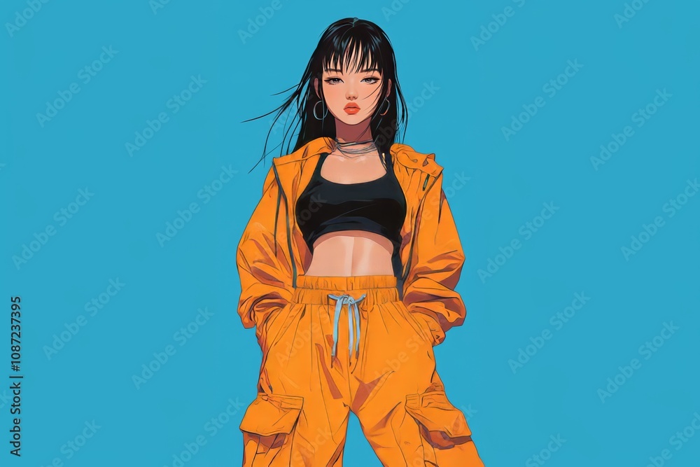 y2k anime-style young woman in orange