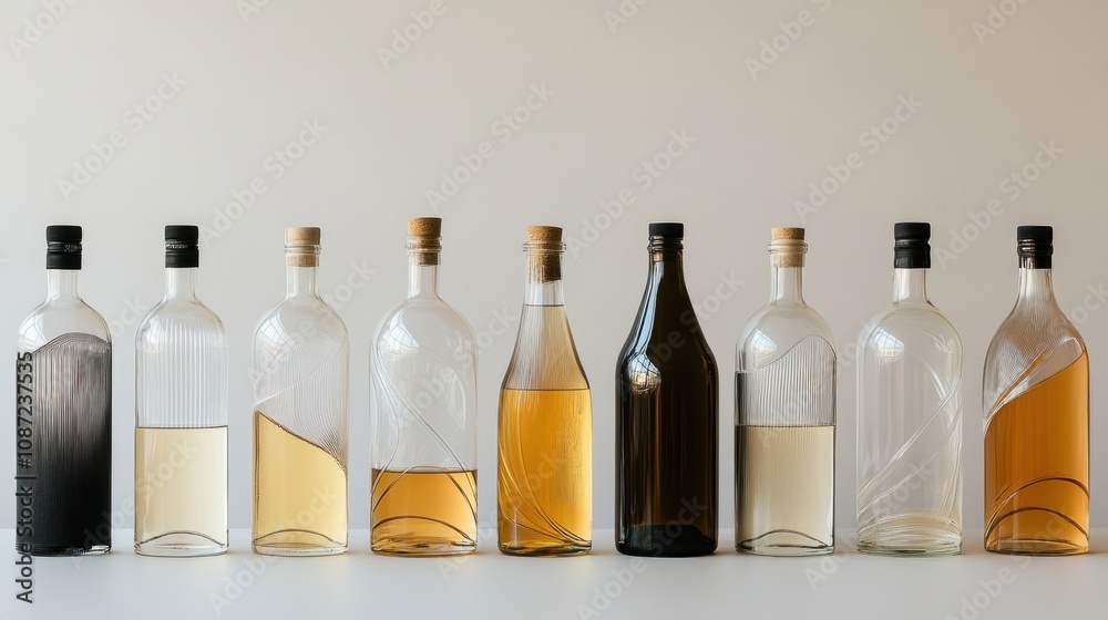 Alcohol bottles lined up in two rows, capturing the variety and sophistication of their design with no lettering. Alcohol bottles lined up in two rows, capturing the variety and sophistication of their design with no lettering.