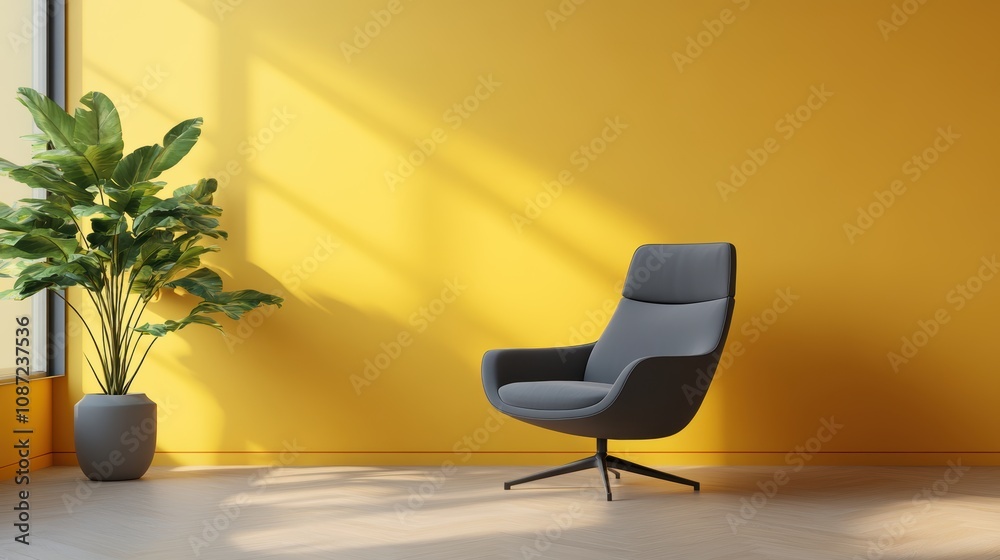 A stylish gray armchair positioned against a vibrant yellow wall, complemented by a leafy plant, creating a warm and inviting living room atmosphere. Perfect for modern interior design. A stylish gray armchair positioned against a vibrant yellow wall, complemented by a leafy plant, creating a warm and inviting living room atmosphere. Perfect for modern interior design.